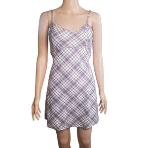 Brandy Melville John Galt Size S Purple Green White Plaid Tie Waist Mini Dress